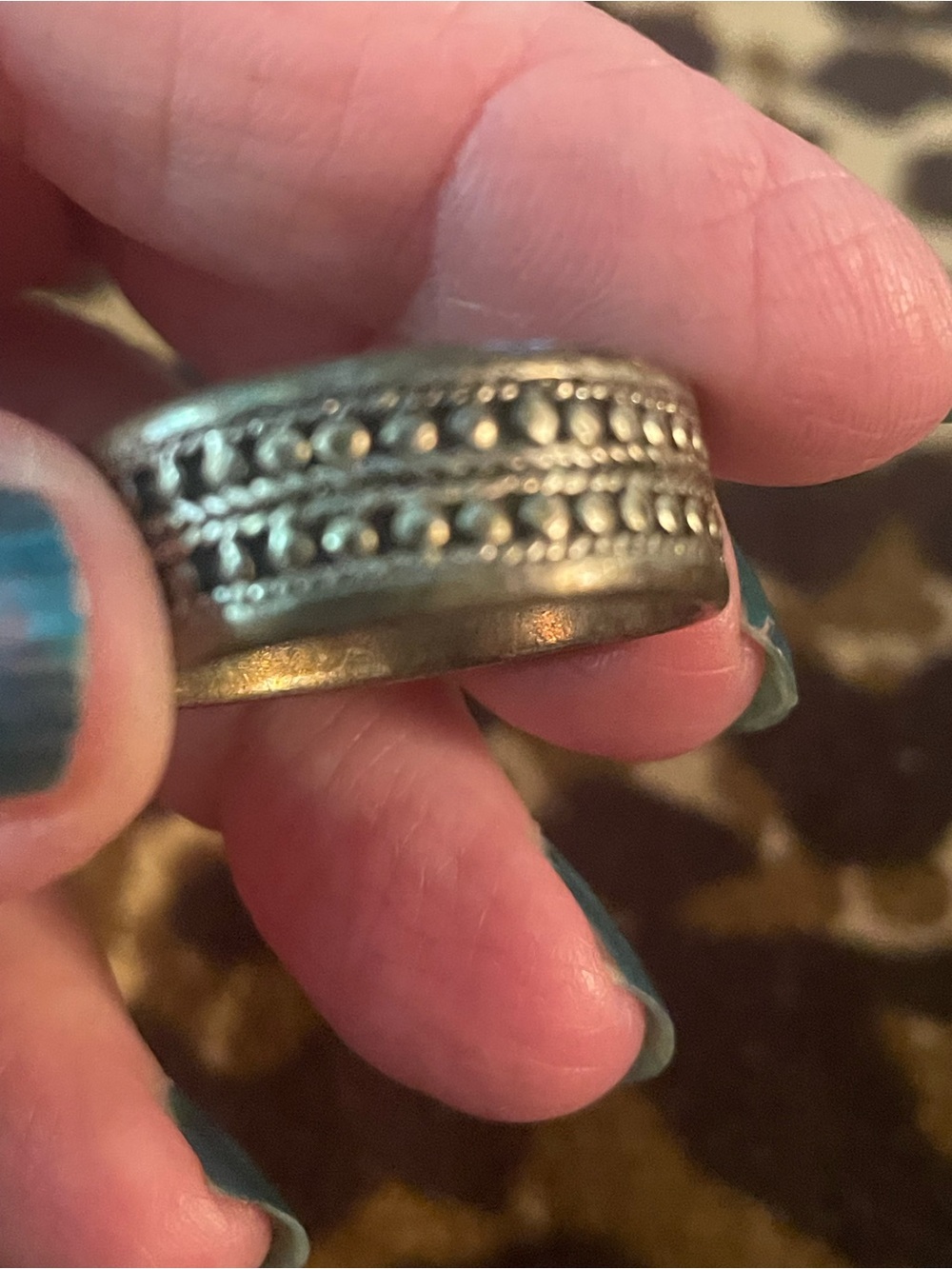 Textured Stainless Steel Wide Band Ring with Beaded Detail sz 13.5